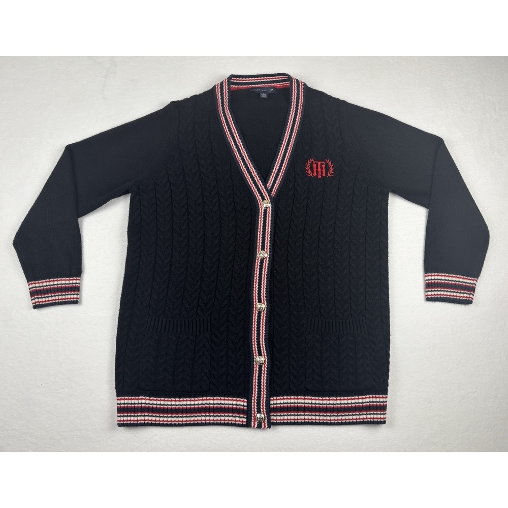 Tommy Hilfiger Cable Knit Cardigan Sweater XL Navy Red Crest Preppy Varsity